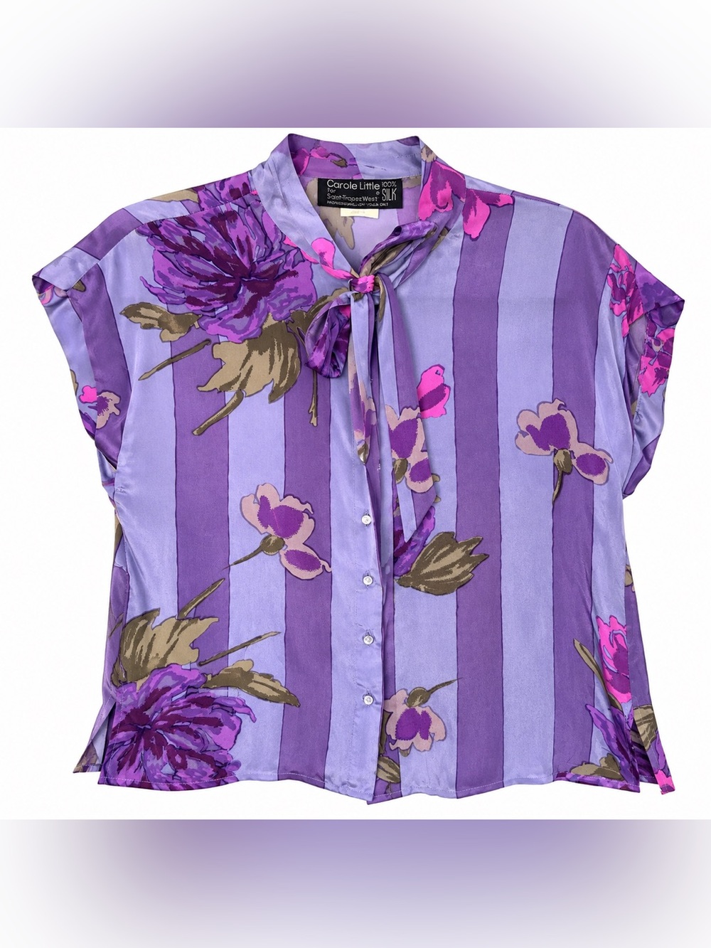 Vtg Carole Little Silk Blouse 12 Purple Floral Stripe Whimsigoth 90s Tie Neck